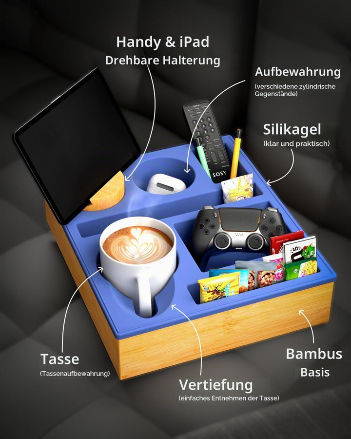 Couch bar Snack box Silikon sofatablett mit 360 Grad Drehbar Handyhalter beistelltisch mit Holz Sofa