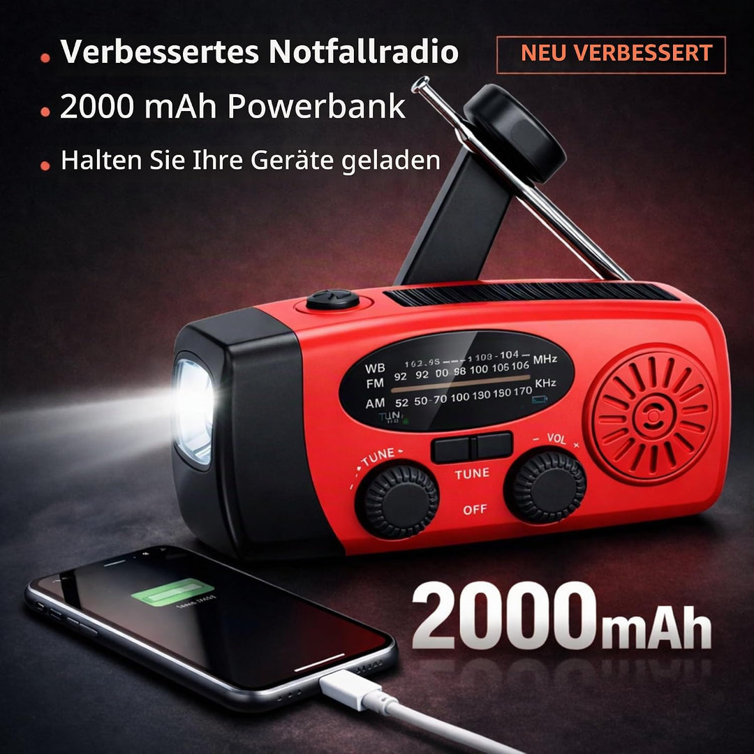 Kurbelradio Notfallradio Solarradio AM/FM, Powerbank 2000mAh, LED Taschenlampe, SOS-Alarm, USB-C, Ha