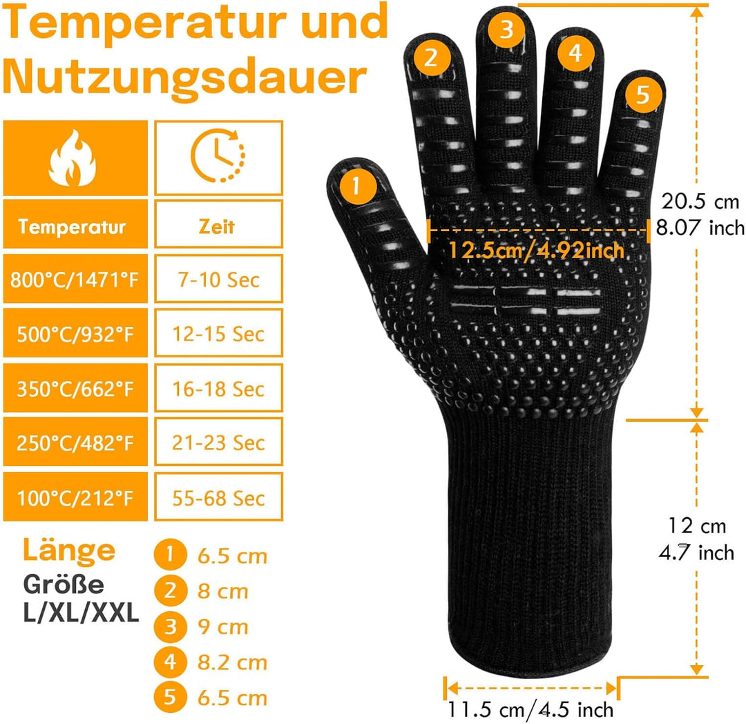 Reinalin Grillhandschuhe Hitzebeständig bis 800°C, Ofenhandschuhe Topfhandschuhe Feuerfeste Handschu