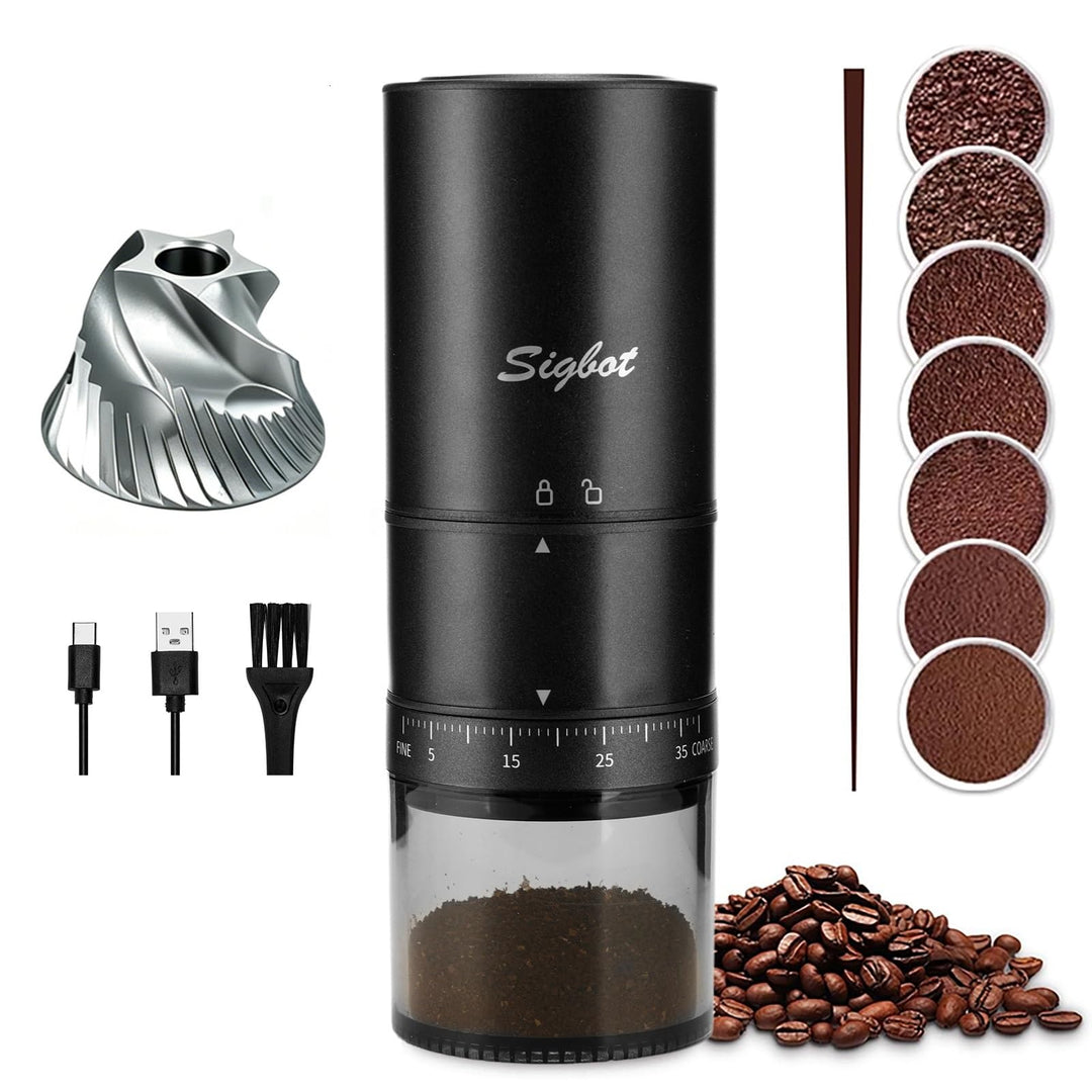 SIGBOT Elektrische Kaffeemühle Kegelmahlwerk - 38 Externe Mahlstufen, Wiederaufladbare Kaffeemühlen