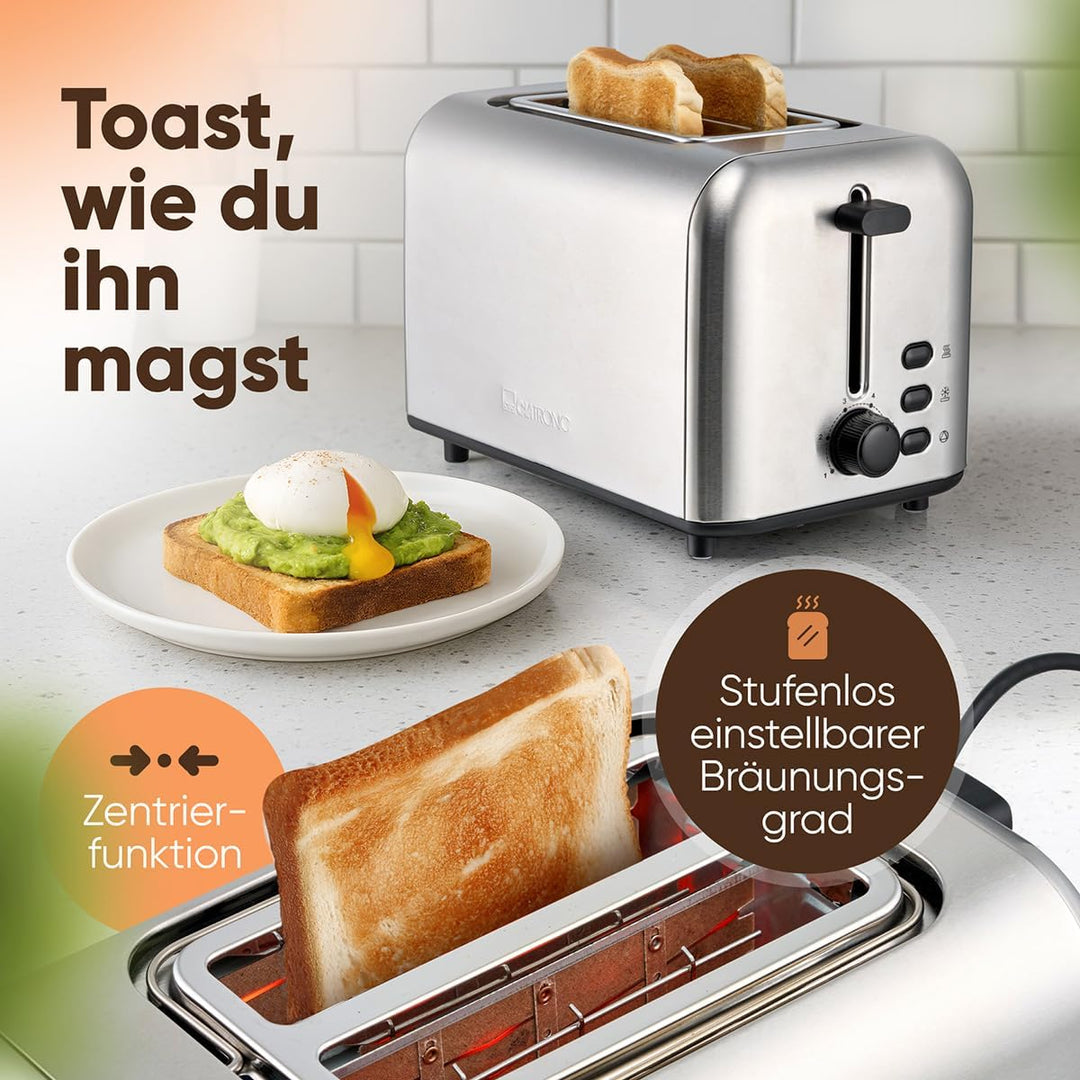 Clatronic® Toaster 2 Scheiben | integrierter Brötchenaufsatz | extra breite Toastschlitze | Auftau-/