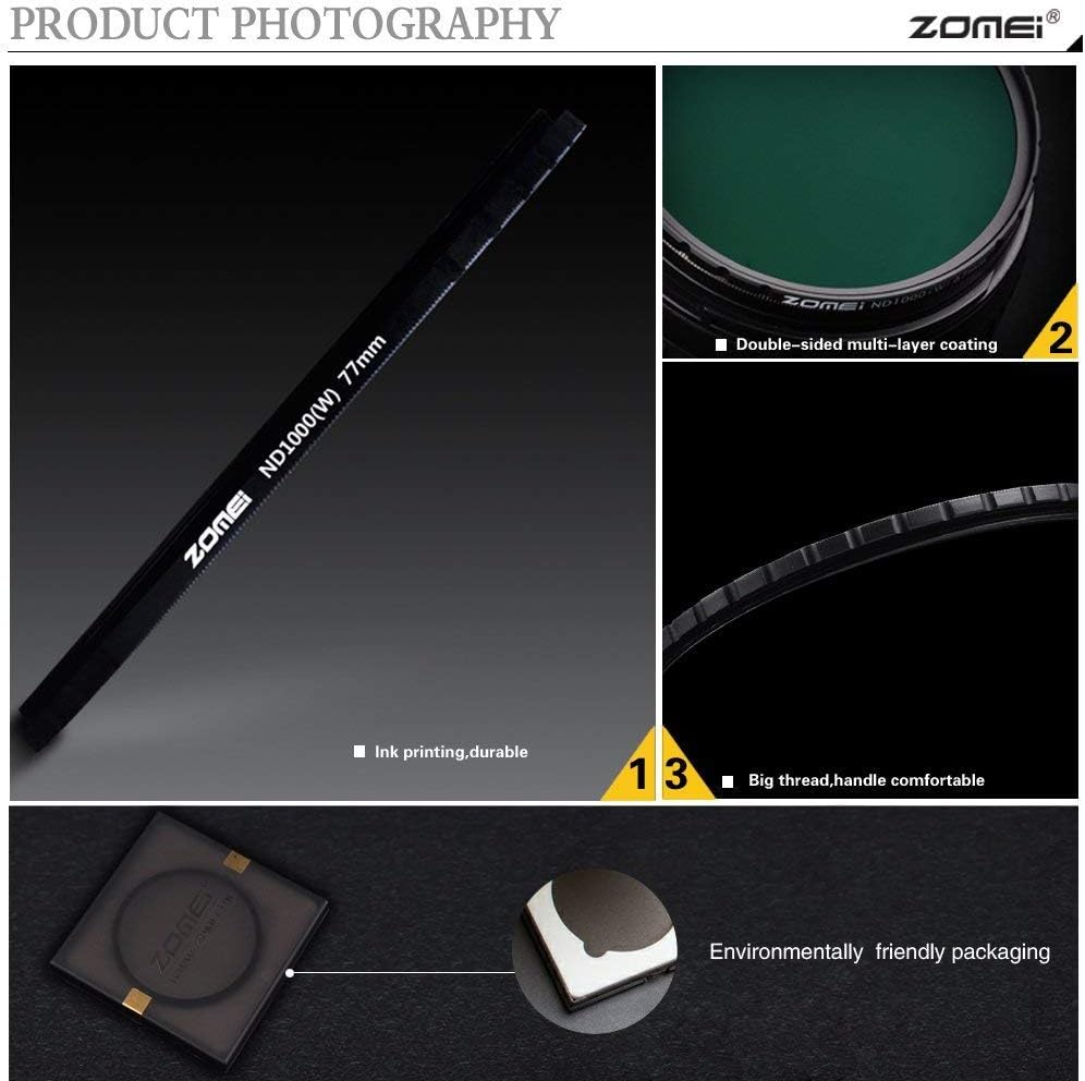 Zomei 58 mm Ultra Slim HD 18-lagiger, super mehrfachvergüteter Schott-Glas-PRO-Neutralgrau-ND1000-Li