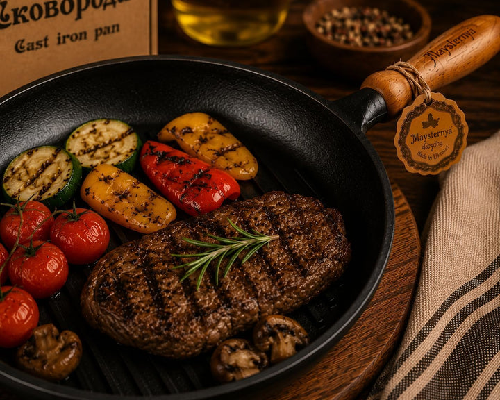 WDMT Maysternya™ Grillpfanne Gusseisen mit Holzgriff - ø 24 x 4 cm - Gusseisenpfanne für alle Herdar
