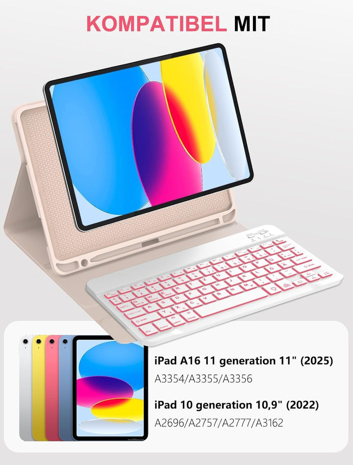 JADEMALL Für iPad A16 11./10. Gen Tastaturhülle mit Beleuchtung QWERTZ | Für iPad A16 Hülle mit Tast