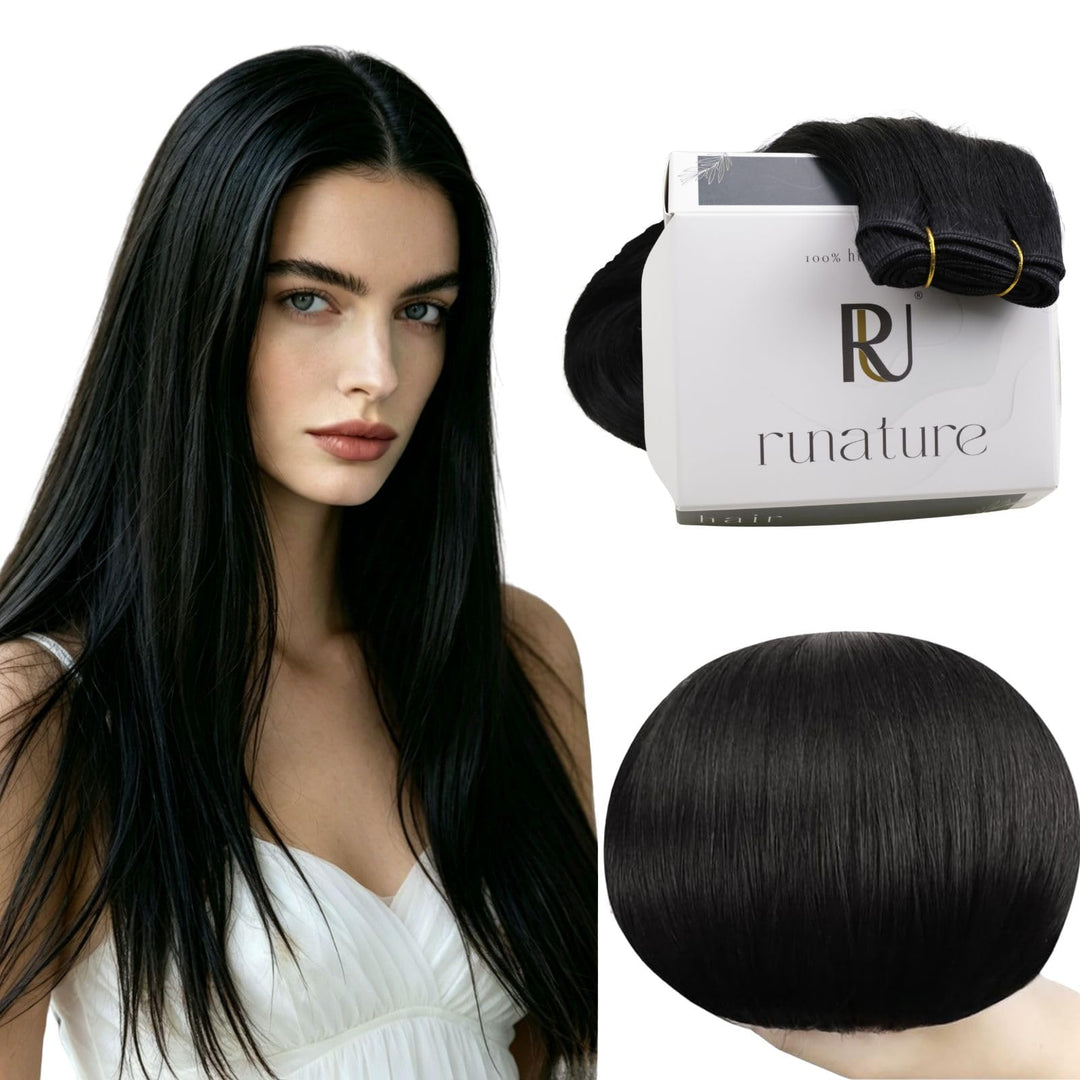 RUNATURE Echthaar Tressen 50cm Schwarz Zum Tressen Echthaar Einnähen Schwarz 100g Lang Extensions Ec