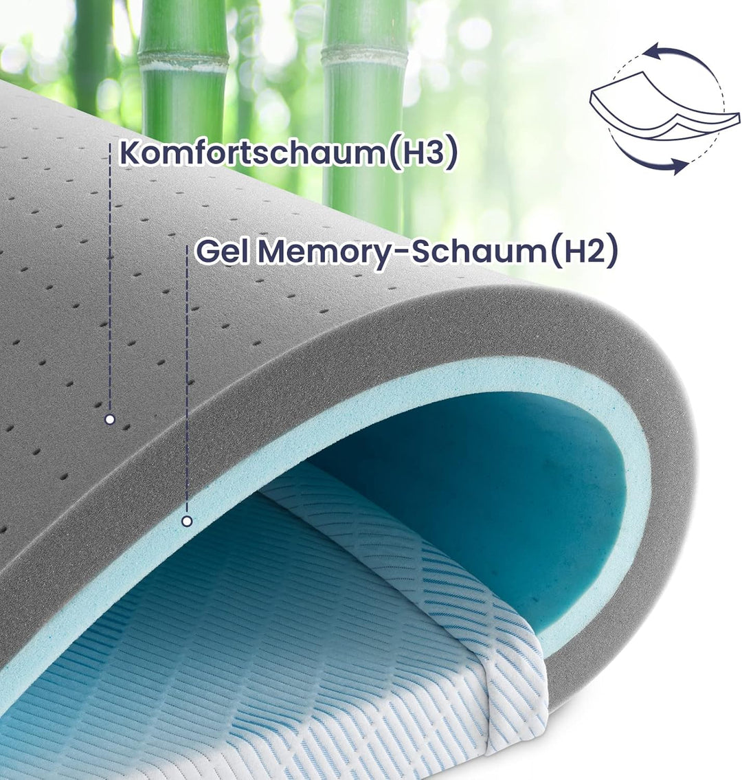 BedStory Gel Topper 90x200cm 7,6cm Höhe Matratzentopper aus Gel Memory Foam，H2&amp;H3 Gel Schaum Bambus
