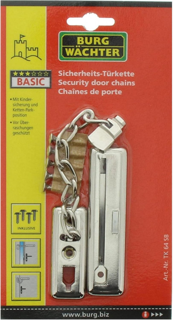 Burg-Wächter Sicherheits-Türkette mit Kindersicherung, 13 cm Länge, TK 64 SB, Vernickelt Kettenlänge