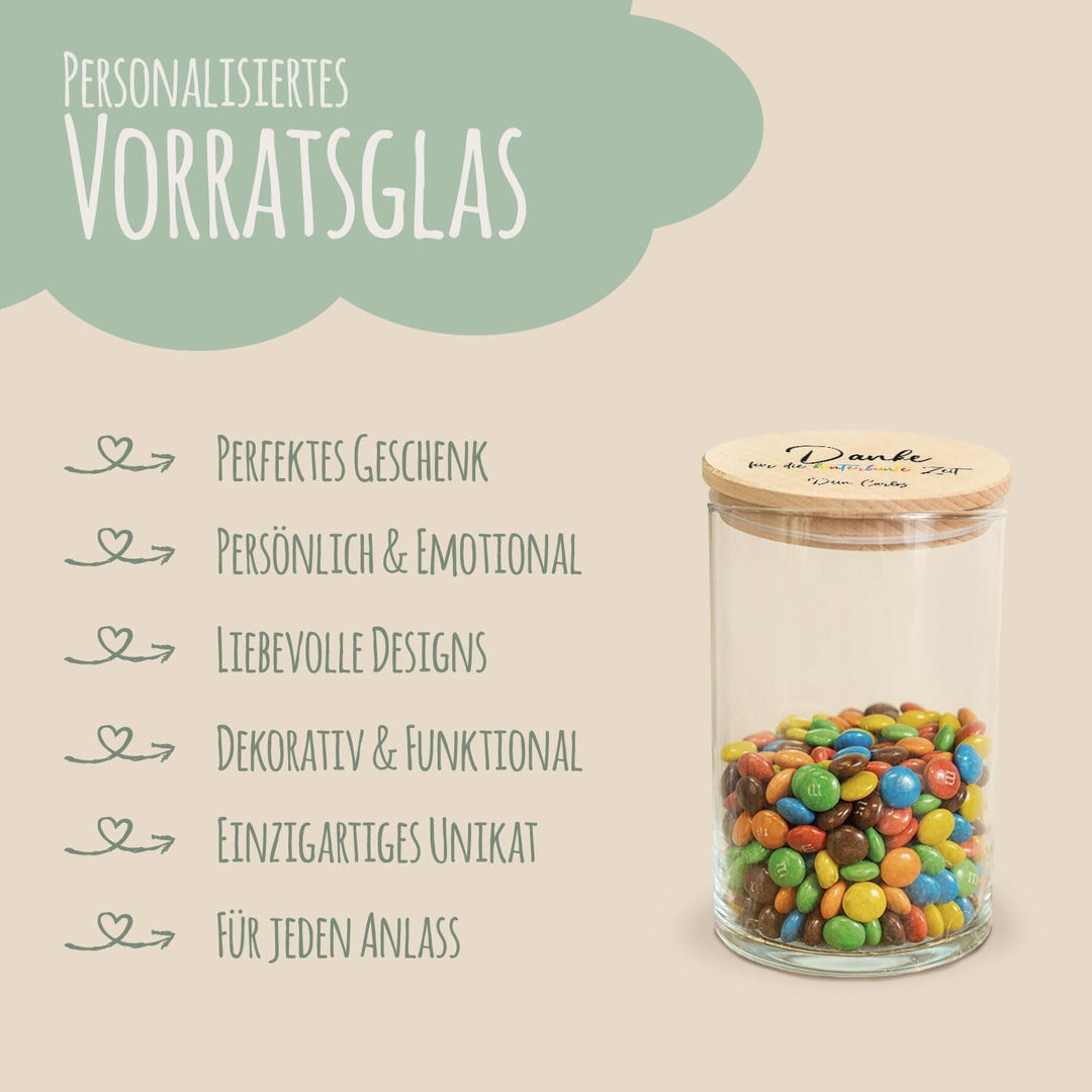 GRAVURZEILE Vorratsglas mit bedrucktem Holzdeckel - Danke für die Kunterbunte Zeit V1 - Personalisie