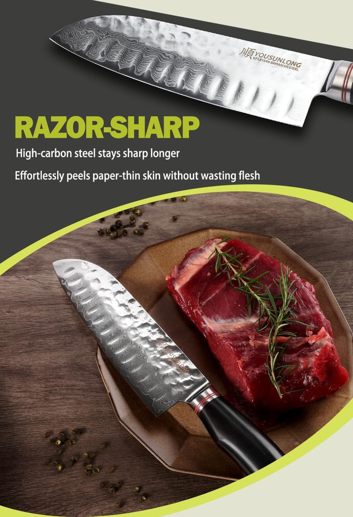 YOUSUNLONG Santoku Messer 7 Zoll (17.8cm) Kochmesser Japanischer gehämmerter Damaststahl Holzgriff a