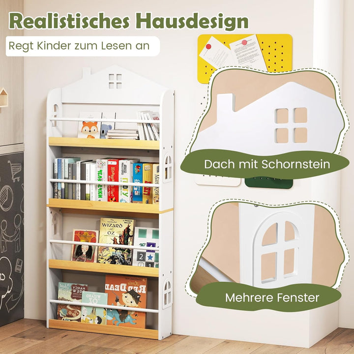 COSTWAY Bücherregal Kinder in Hausform, Kinderregal mit 4 Ablagen & Metallstangen, Wandregal schmal,