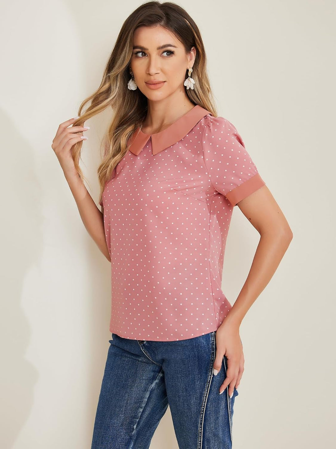 Allegra K Damen Kurzarm Bubikragen Punkte Oberteil Vintage Polka Dots Elegant Top Bluse XS Dunkelpin