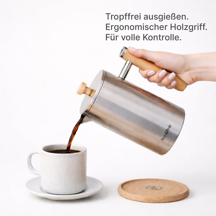 Buntfink French Press Thermo 1 Liter aus Edelstahl und Holz | Kaffeebereiter doppelwandig isoliert |