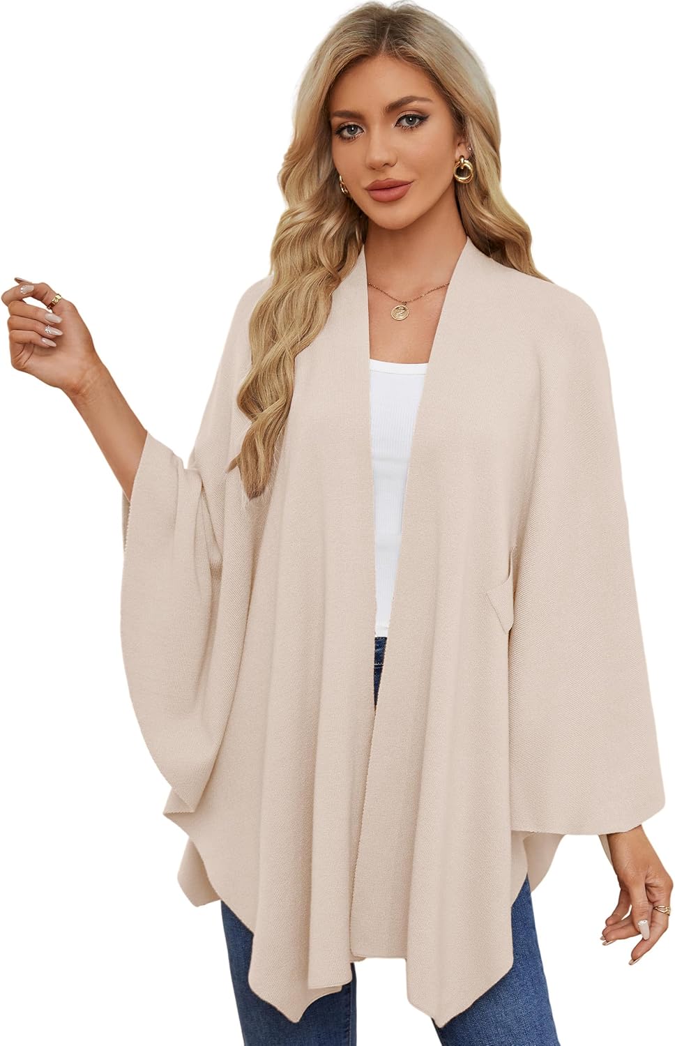 PULI Damen Elegant Poncho Strick Ponchos Capes Vorne öffnen Vielseitige Schalwickel mit Lasche Beige