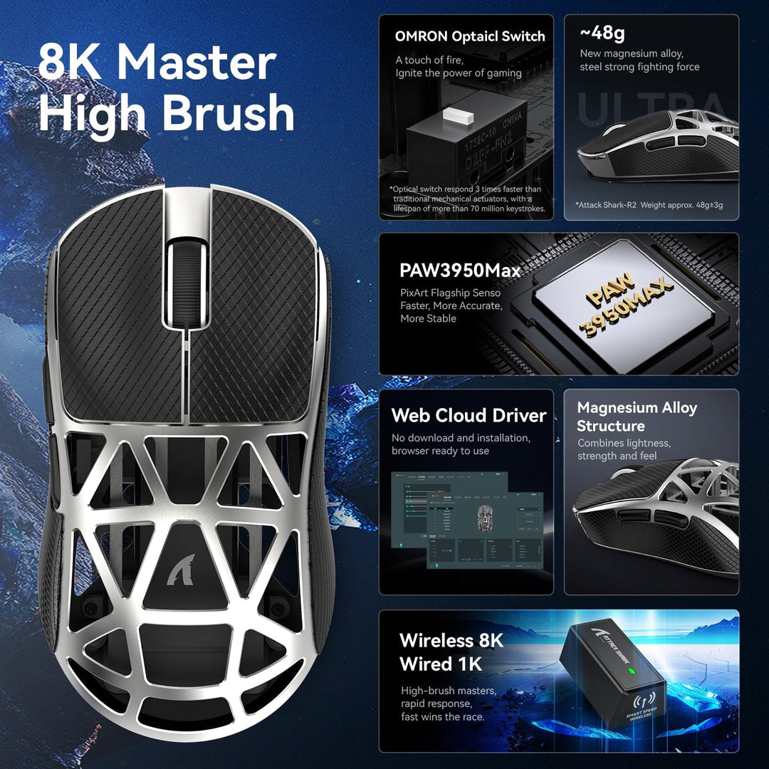 ATTACK SHARK R2 Gaming-Maus aus Magnesium, PixArt PAW3950 Sensor, kabellos, 8K, 48g, superleicht, BT