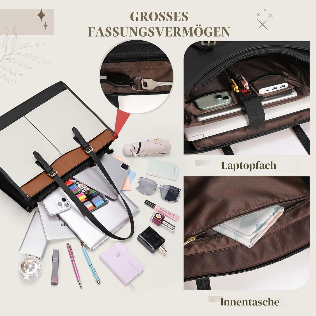 RAINSMORE Laptoptasche Arbeitstasche Damen Gross mit Isolierted Kühlfach Schwarz+braun+weiss, Schwar