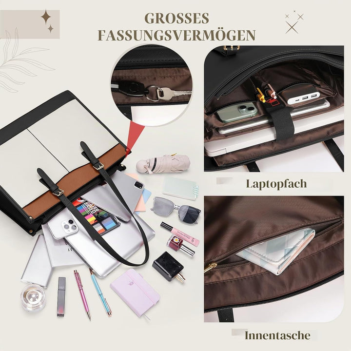 RAINSMORE Laptoptasche Arbeitstasche Damen Gross mit Isolierted Kühlfach Schwarz+braun+weiss, Schwar