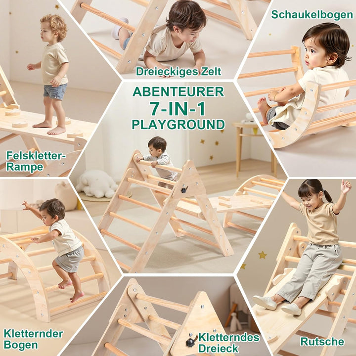 RUIE Klettergerüst Indoor 7-in-1 Kletterdreieck mit Rutsche, Hölzernes Kletterdreieck Set für klette