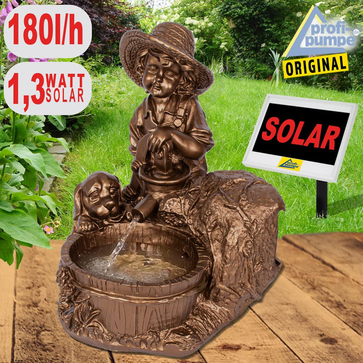 Garten BRUNNEN SOLAR TEICHPUMPE SOLAR SPRINGBRUNNEN GARTENBRUNNEN SOLAR WASSERSPIEL KNABE mit Hund a