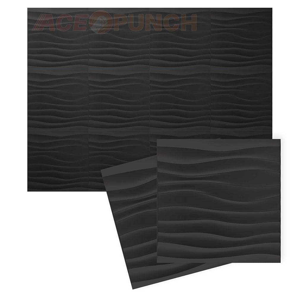Acepunch 12 3D Wandpaneele Schwarz 30x30cm PVC Dekorative Fliesen Wasserdicht Anti-Scratch Wellig Wa