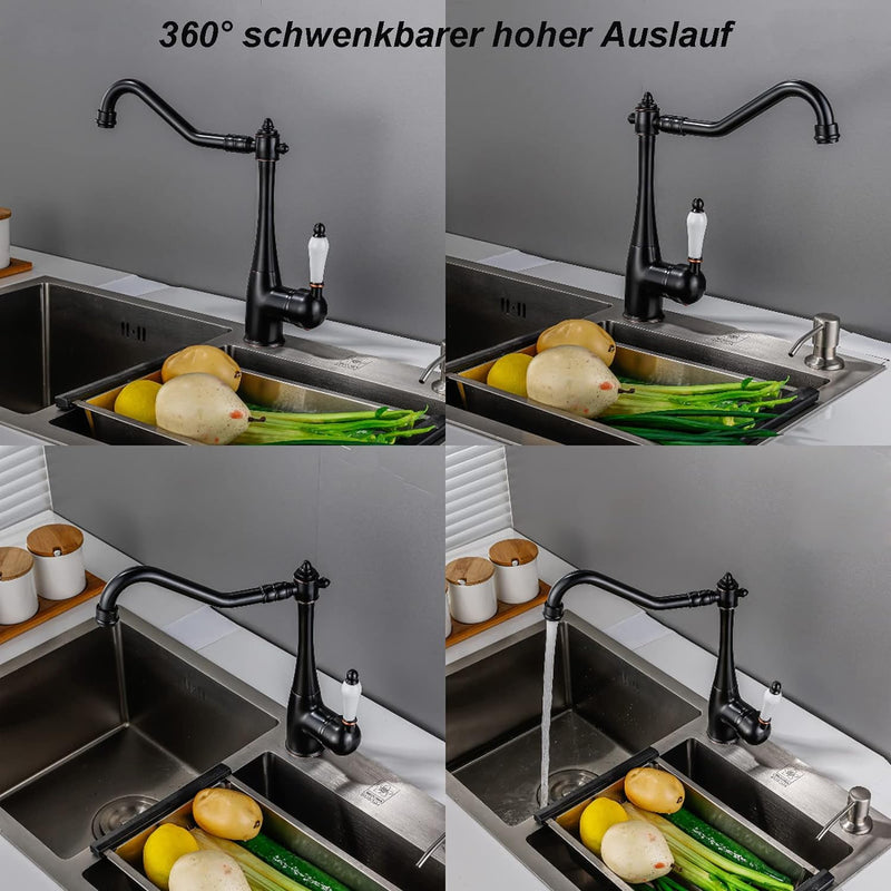 BOAOTX Küchenarmatur Schwarz Retro, Wasserhahn Küche Landhaus, 360° Drehbar Spültischarmatur Antik,