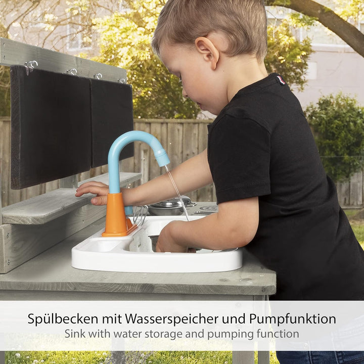 ONVAYA® Matschküche aus Holz | Grau | Outdoor Spielküche mit Waschbecken und schwarzer Tafel | Inklu