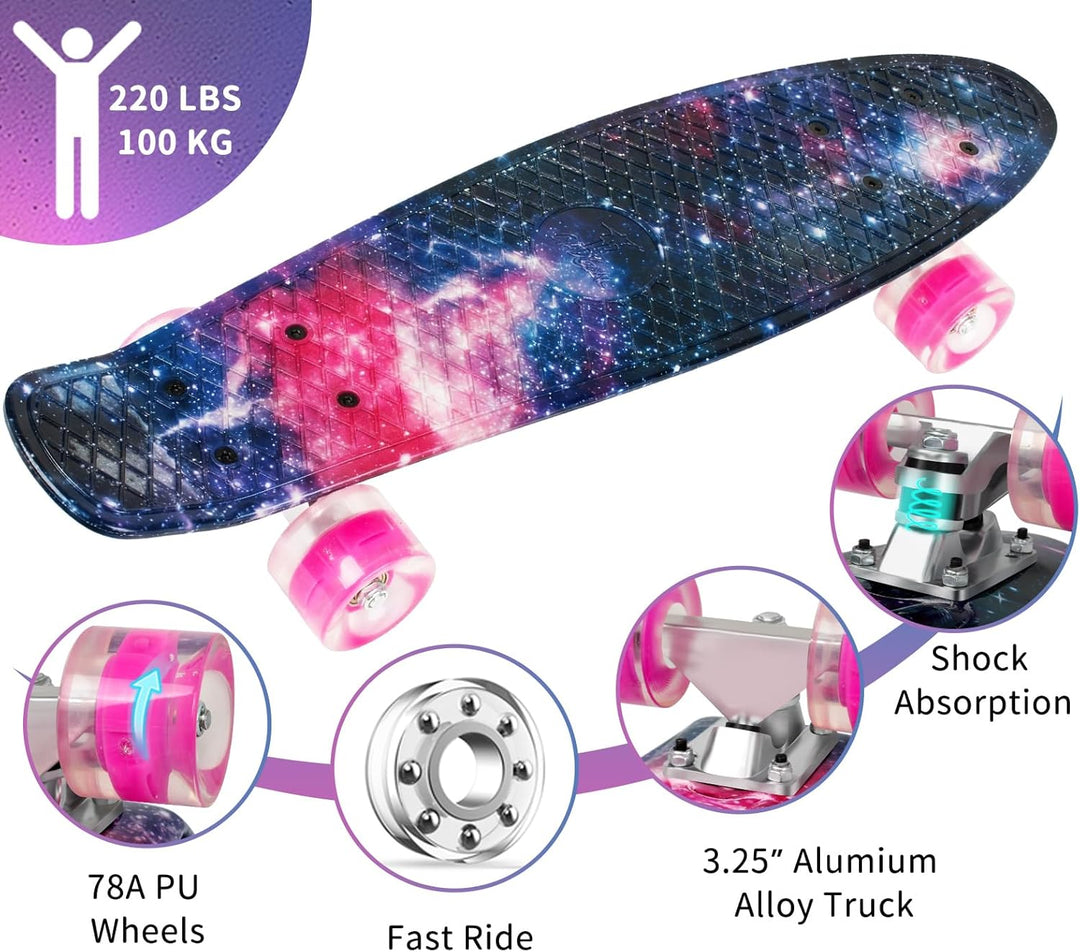 BELEEV Skateboard Komplette 22 Zoll Mini Cruiser Skateboard für Kinder Jugendliche Erwachsene, LED L