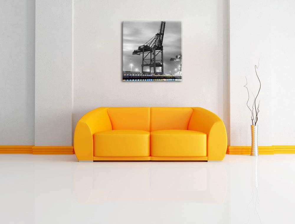 Pixxprint grosser Containerkran im Hafen schwarz/weiss, Format: 70x70 auf Leinwand, 70x70