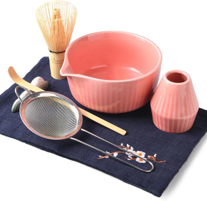 Matcha Set Premium 7-teilig Keramik: Matcha Schale, Bambus Besen (Chasen),Teebesenbasis，Teelöffel, S