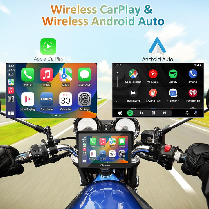 Carpuride W502 Motorrad GPS Drahtlose Tragbare Apple Carplay&Android Auto, 5 Zoll IPS wasserdichte T