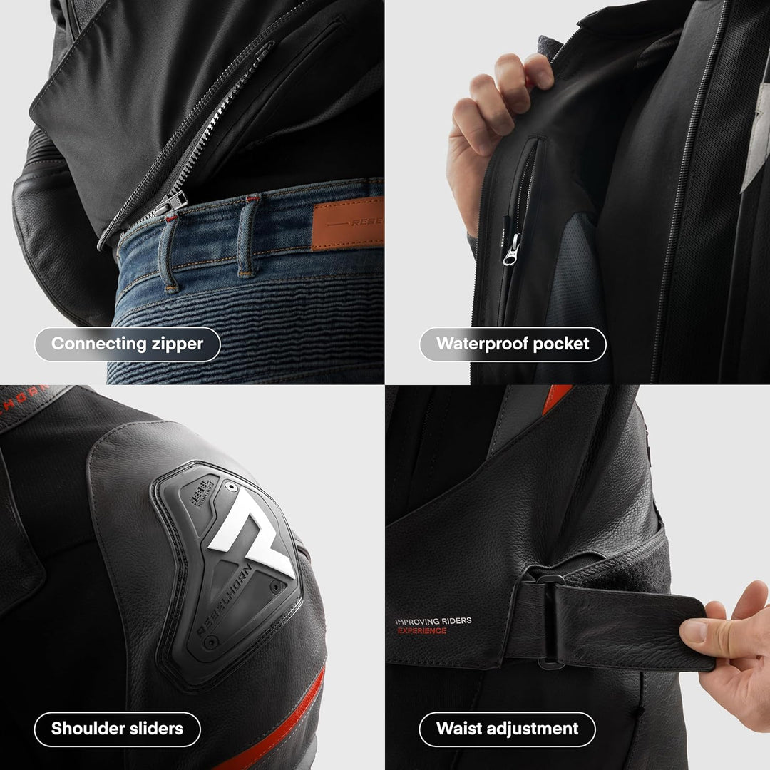 REBELHORN Veloce Motorradjacke Herren | Leder | Ellbogen und Schulterprotektoren Stufe 2 | Schulters