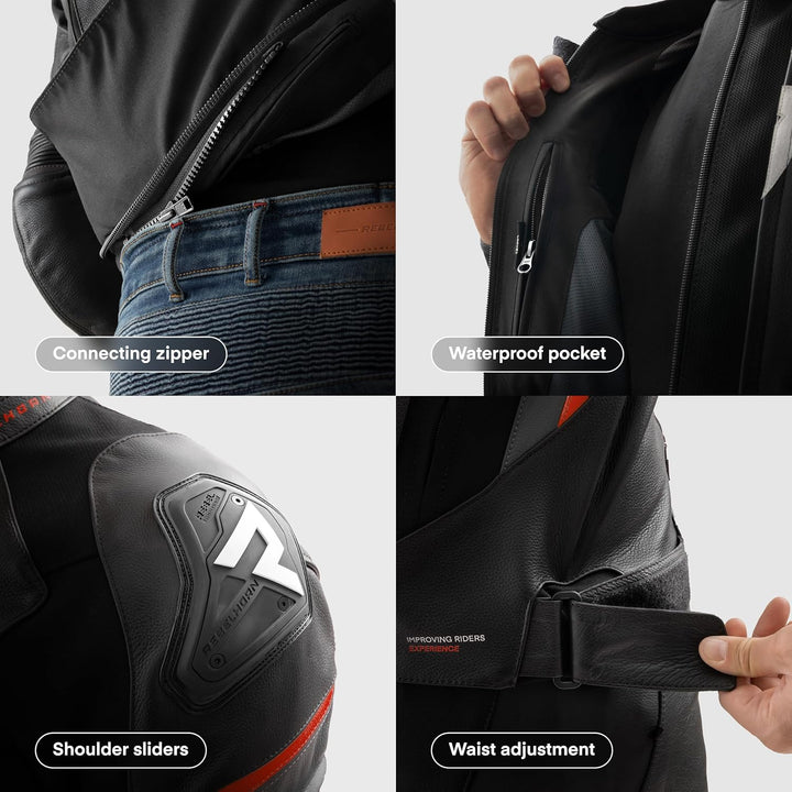 REBELHORN Veloce Motorradjacke Herren | Leder | Ellbogen und Schulterprotektoren Stufe 2 | Schulters