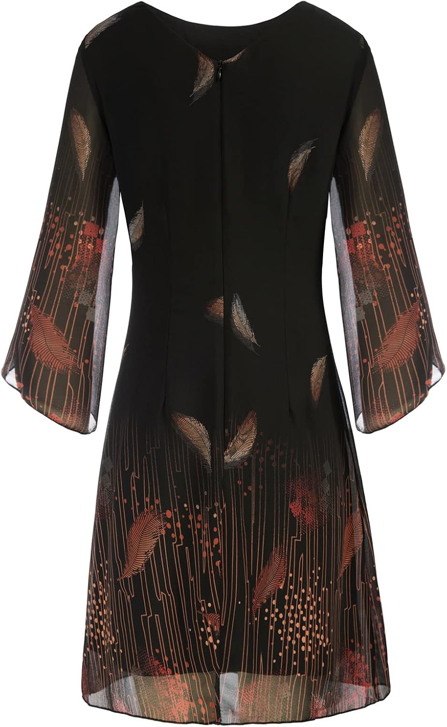 GRACE KARIN Damen Chiffon Kleid 3/4 Ärmel Cocktailkleid Loose Elegant Abendkleid S Schwarz-feder, S