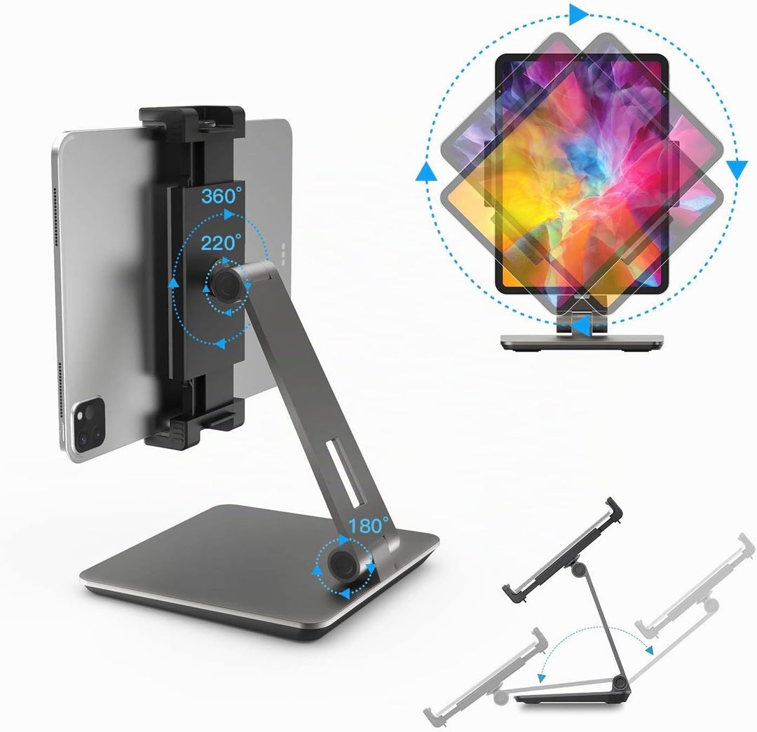 QinCoon Tablet Ständer, Verstellbar Heavy Duty Aluminium Halterung, 360° Drehen Faltbar Metall Table