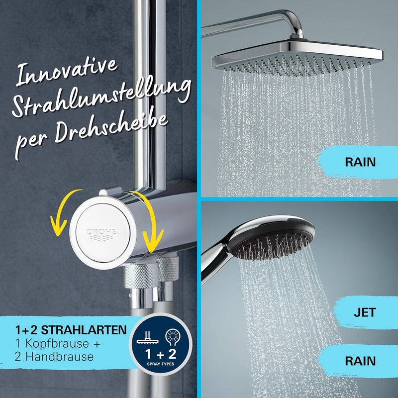 GROHE Vitalio Start 250 - Flex Duschsystem (horizontaler Durscharm 390mm,2 Strahlarten, Brauseschlau