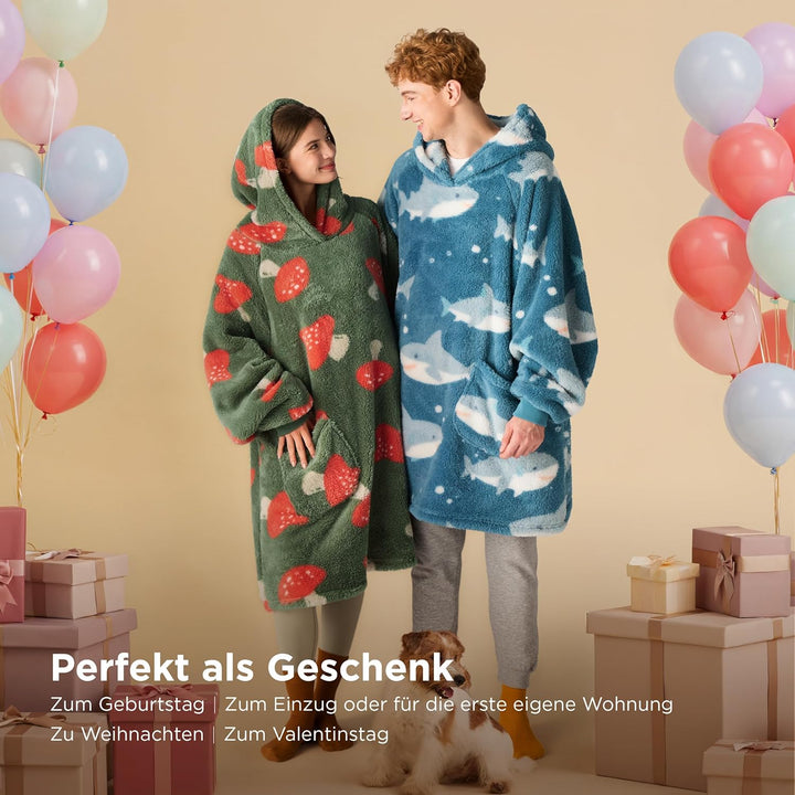 BEDSURE Hoodie Decke Damen mit Ärmeln Deckenpullover Kuschelpullover Damen Pilz Druck Standard, Gesc