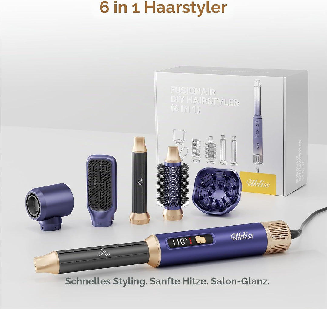 UKLISS Hairstyler 6 in 1 Air Styler Set [mit Diffusor], Pro Hair Styler Set Gold Blau, Gold Blau