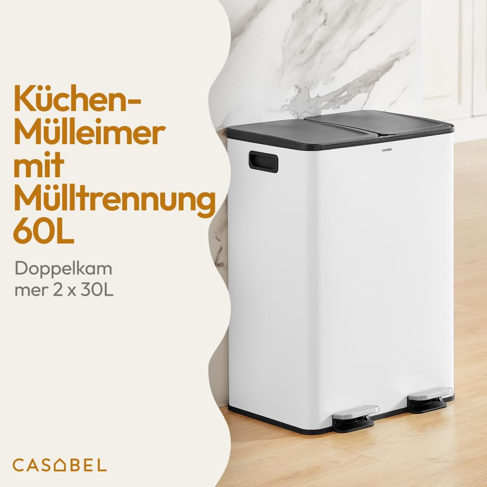 CASABEL Recycling-Mülleimer 60L - 2 x 30 Liter, Doppelfächer 2x30L, weisser Edelstahl, rechteckiger
