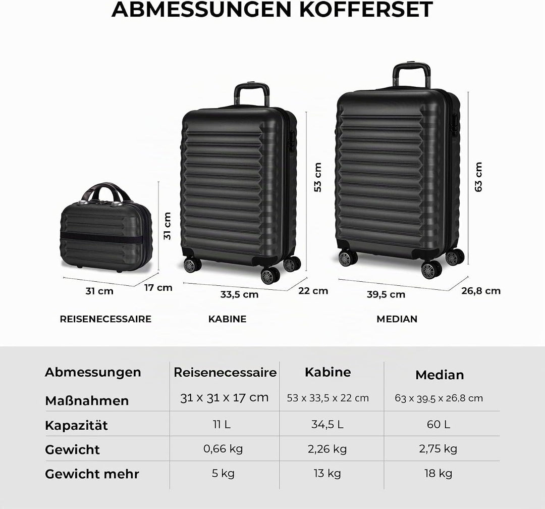 NUMADA - Gepäck-Set und Kulturbeutel 3 Stück Schwarz, mittel 63cm, klein 53cm und Kulturbeutel, ABS,