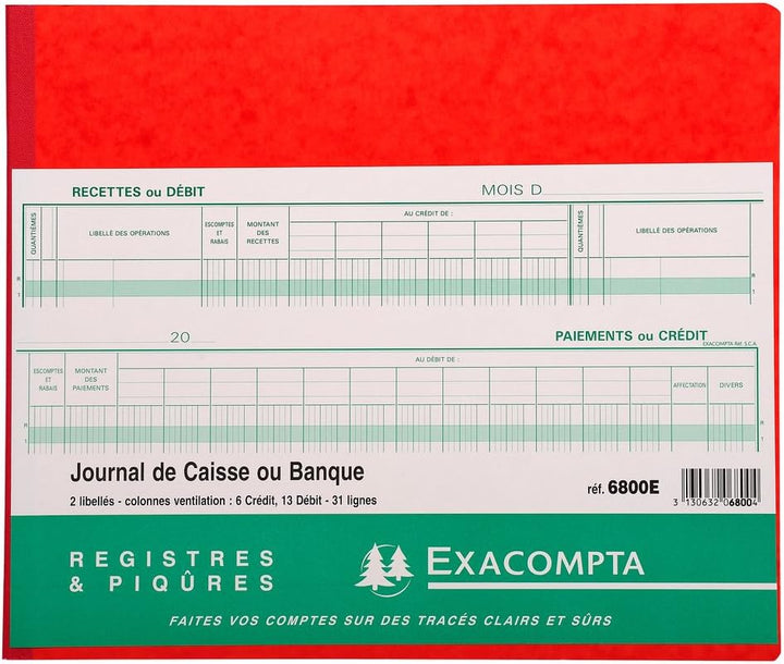 Exacompta 6800E Kassenbuch 27x32cm, 40 Blatt, 31 Zeilen, 1 Stück, farbig sortiert