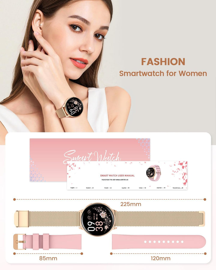 RUXINGX Smartwatch Damen, 1.27" Smart Watch Rund mit Telefonfunktion, 24H SpO2 Pulsuhr, Fitnessuhr m