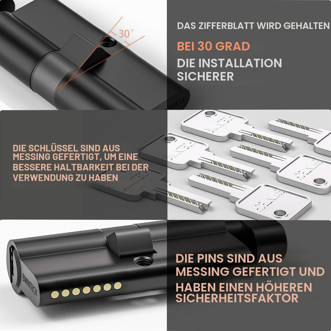 2 Stück 30T/30mm Euro Messingzylinder, 60mm Drehknauf/Schlüsselzylinderschloss mit 10 horizontalen M