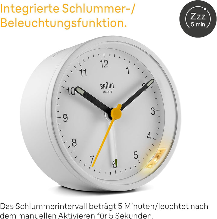 Braun Klassischer analoger Wecker mit Schlummerfunktion und Licht, ruhiges Quarzuhrwerk, Crescendo-A