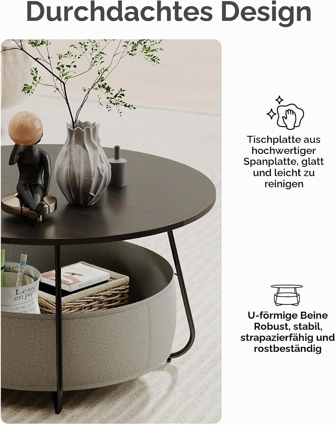 Manora Runder Couchtisch Schwarz mit Stoffkorb &amp; Stauraum,Wohnzimmertisch Rund,Moderner Sofatisch mi