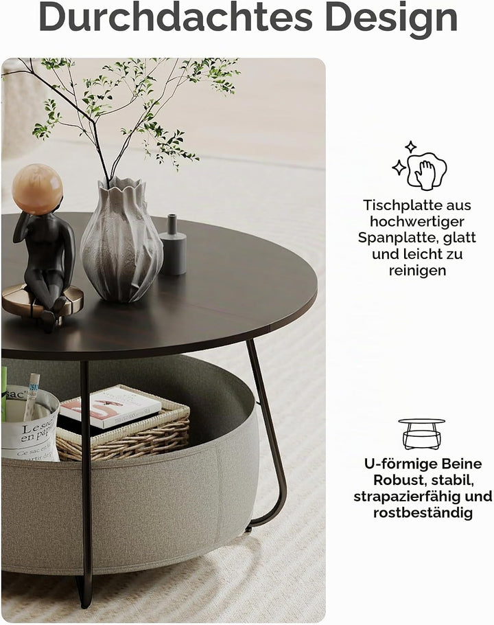 Manora Runder Couchtisch Schwarz mit Stoffkorb &amp; Stauraum,Wohnzimmertisch Rund,Moderner Sofatisch mi