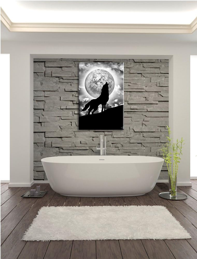 Pixxprint Wolf heult Mond an als Leinwandbild/Grösse: 100x70 cm/Wandbild/Kunstdruck/fertig bespannt,