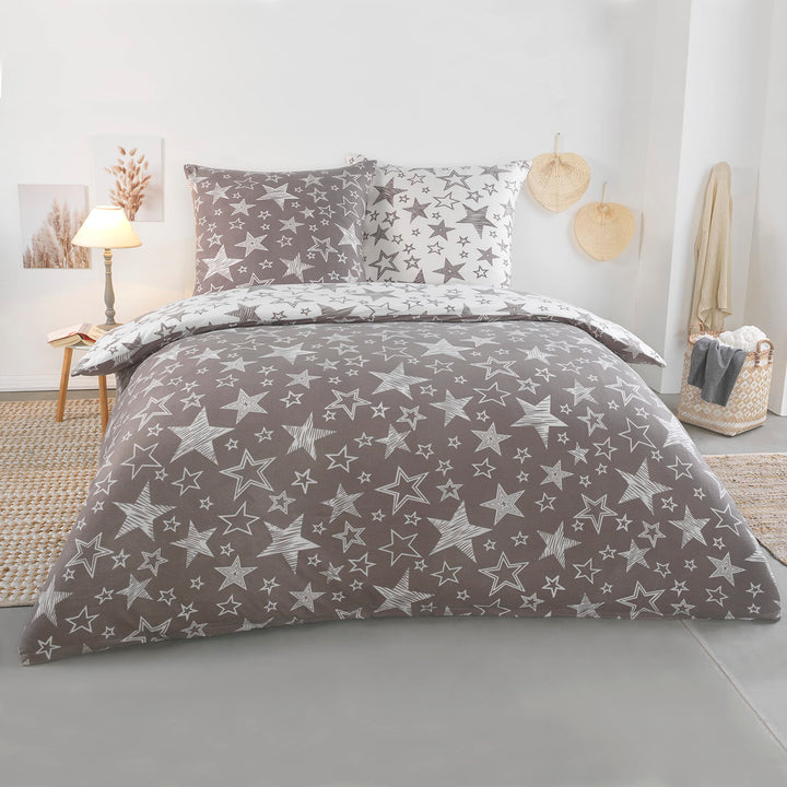 BaSaTex 200x200 Microfaser Flausch Bettwäsche Sterne grau Weiss Taupe Fleece Thermofleece Übergrösse