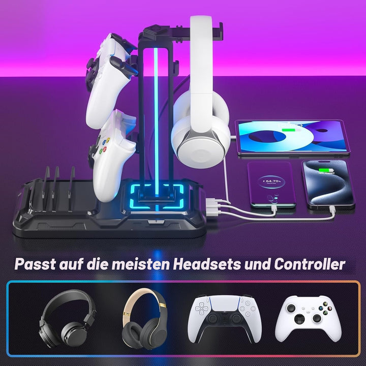 KDD Headset Halterung Led mit Ladestation - PS5 Controller Halter & Kopfhörer Ständer Tisch mit 9 Li