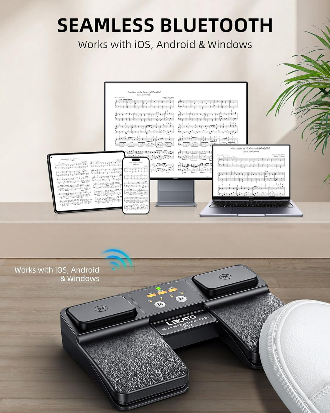 LEKATO Bluetooth Page Turner Pedal, mit Begleitspur Steuerung &amp; Batterieanzeige, kabelloser wiederau