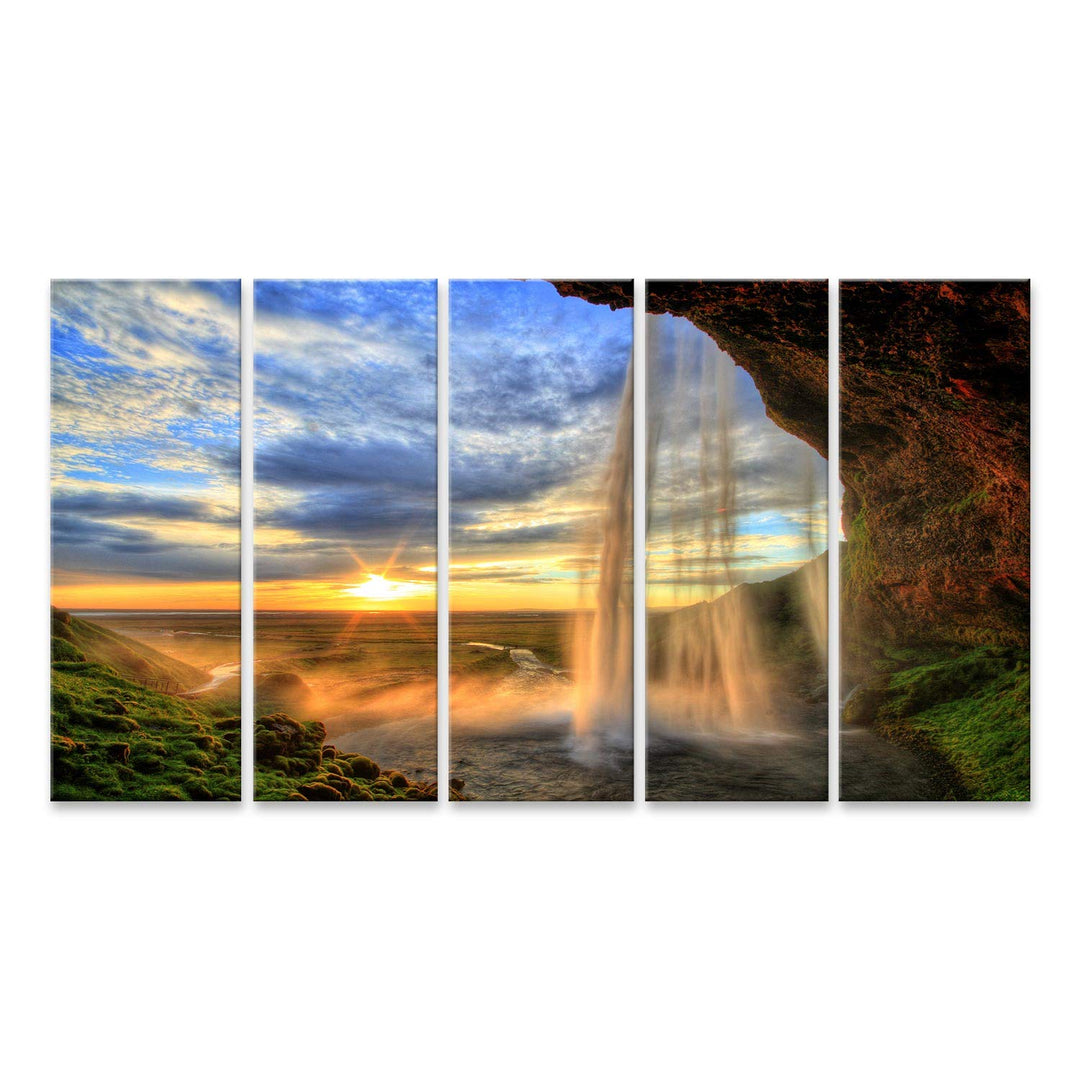 Bild Bilder auf Leinwand Seljalandfoss-Wasserfall bei Sonnenuntergang in HDR Island Wandbild, Poster