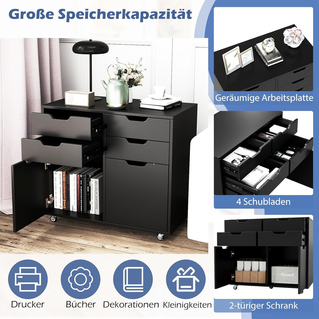COSTWAY Rollcontainer mit 4 Schubladen und 2 Türen, Aktenschrank mit Rollen, Druckerständer, Bürosch